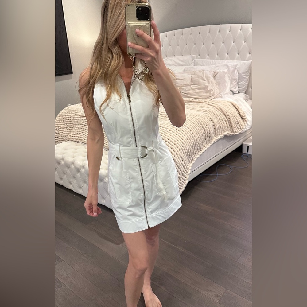 Sleeveless White Zip-Front Belted Dress